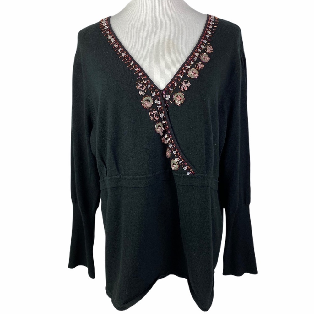 Roxie B Black Beaded V-Neck Sweater Women's XL 3/4 Sleeve Banded‎ Cuffs